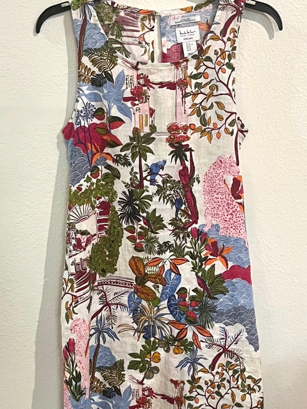 Nicole Miller sleeveless linen dress with stunning tropical print
